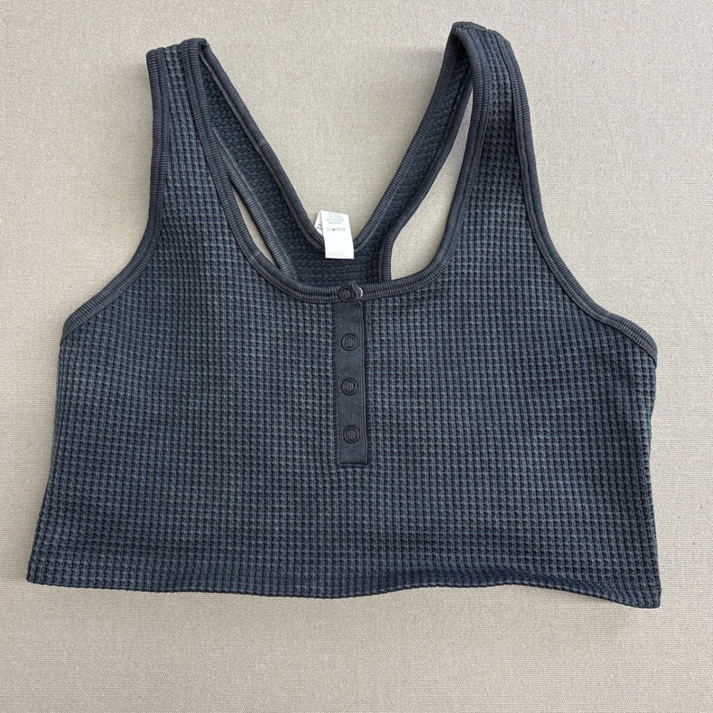 Offline by Aerie Recharge Waffle Knit Henley Sports Bra Gray Medium